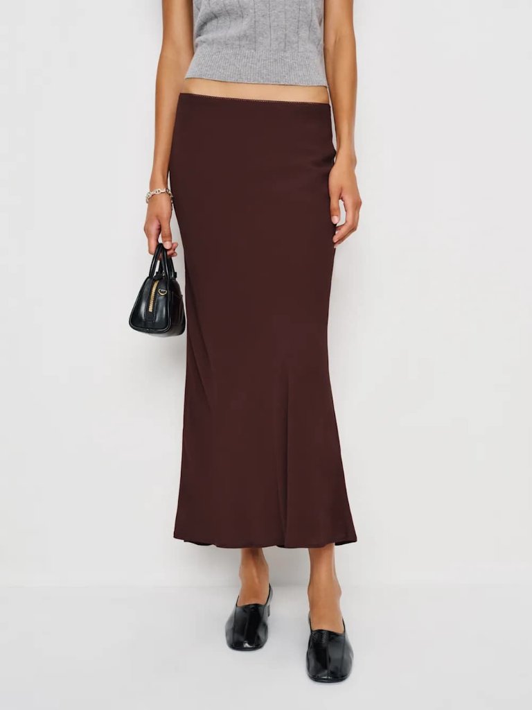 Reformation Layla Skirt Mahogany Brown Picot Trim Midi 2